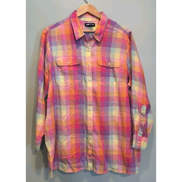 Lands' End Tops - Lands End Linen Colorful Pastel Long Roll Tab Sleeve Button Up Shirt Pocket 1X